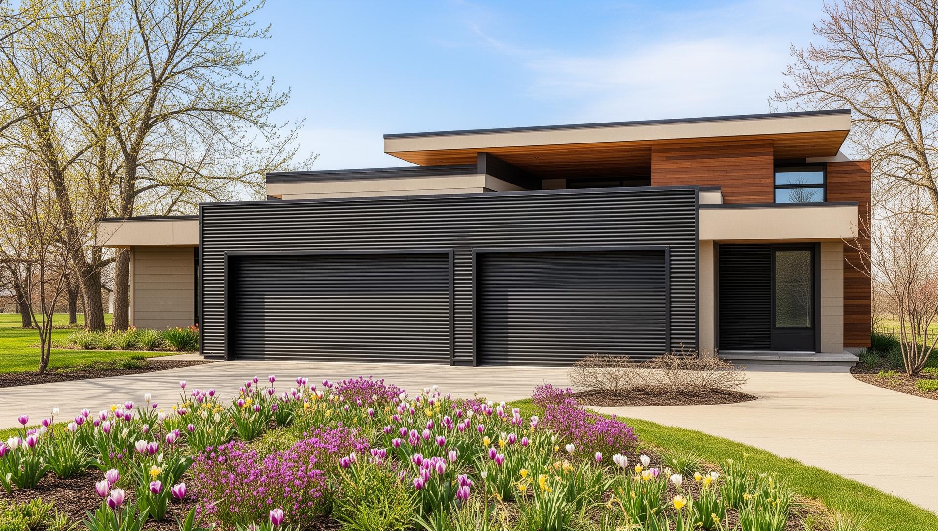 Modern home with professional industrial ribbed steel garage doors in Central Texas